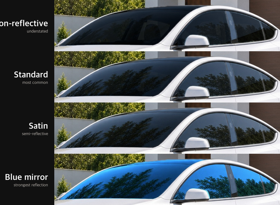 The same 15% shade with only the finish changed: non-reflective, standard, satin and blue mirror
