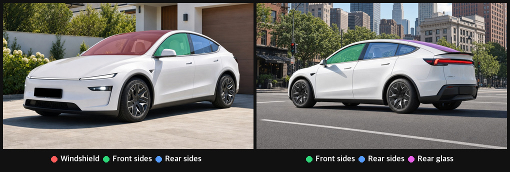 A front view with windshield, front sides and rear sides highlighted, and a rear view with front sides, rear sides and rear glass highlighted